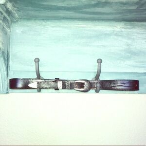 Vintage Brown Leather Belt Silver Tribal Print Buckle